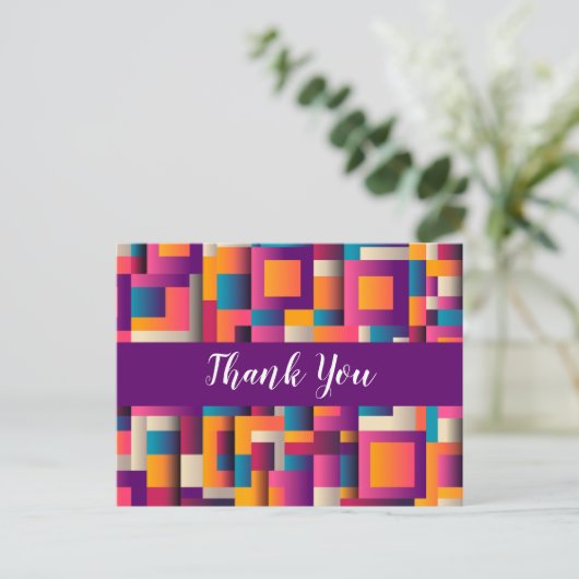 カラフル抽象芸術の正方形と形状ありがとう ポストカード (スタンド正面)