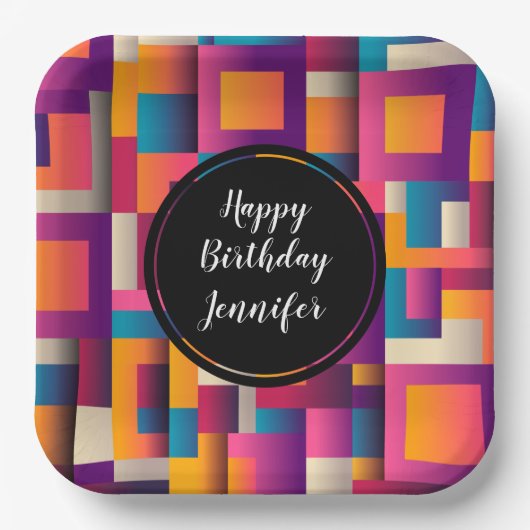 カラフル抽象芸術の正方形と形状 ペーパープレート (正面)