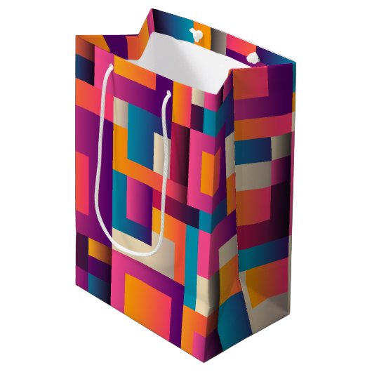 カラフル抽象芸術の正方形と形状 ミディアムペーパーバッグ (正面アングル)