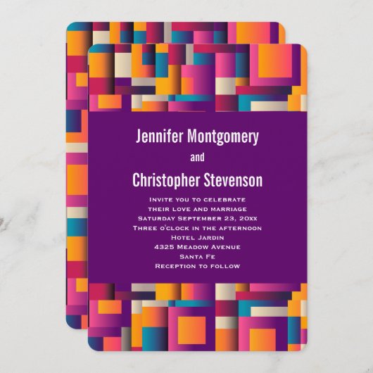 カラフル抽象芸術の正方形と形結婚状 招待状 (正面/裏面)