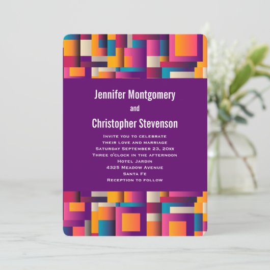 カラフル抽象芸術の正方形と形結婚状 招待状 (スタンド正面)