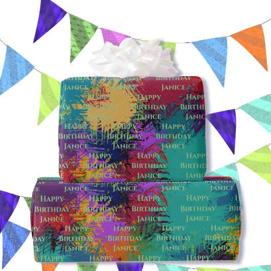 カラフル抽象芸術の追加誕生日または退職文字 ラッピングペーパー