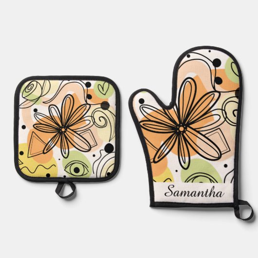 カラフル抽象芸術アートスケッチ 鍋つかみ&鍋敷きセット (正面)