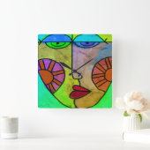 カラフル抽象芸術アート顔 スクエア壁時計 (ホーム)