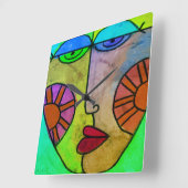 カラフル抽象芸術アート顔 スクエア壁時計 (傾斜)