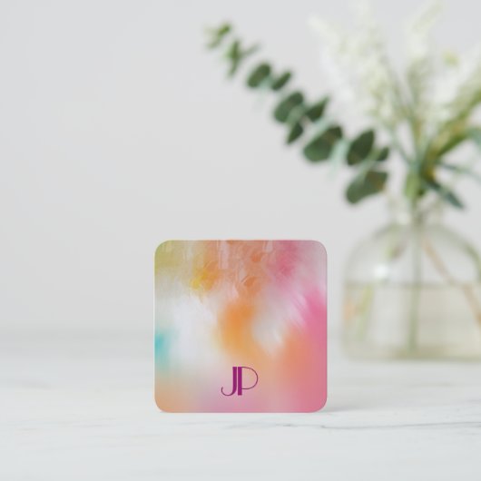カラフル抽象芸術アーモダントエレガントモノグラム スクエア名刺 (スタンド正面)