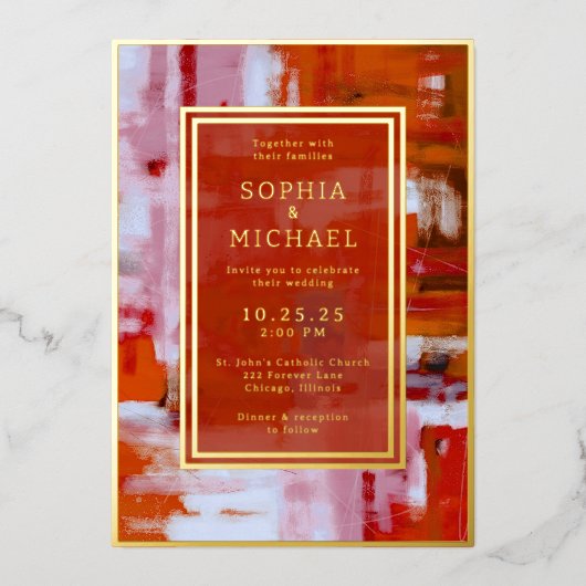 カラフル抽象芸術ウェディング招待写真テンプレート 箔シーズンカード (正面)