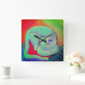 カラフル抽象芸術キャッ絵画トラウンドクロック スクエア壁時計 (ホーム)