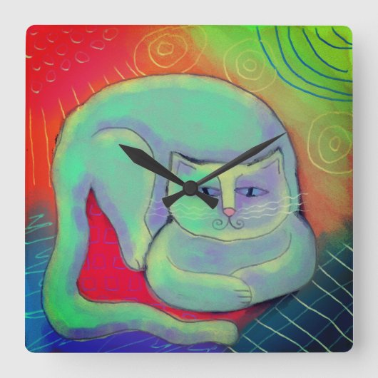 カラフル抽象芸術キャッ絵画トラウンドクロック スクエア壁時計 (正面)