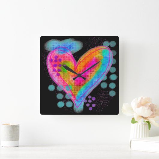 カラフル抽象芸術デジタ絵を描ルハート スクエア壁時計 (ホーム)