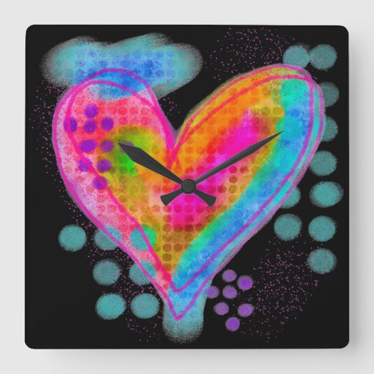 カラフル抽象芸術デジタ絵を描ルハート スクエア壁時計 (正面)