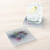 カラフル抽象芸術フラワーモダンフローラフラクタル ガラスコースター (アングル)