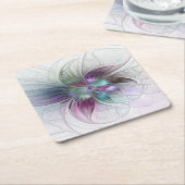 カラフル抽象芸術フラワーモダンフローラフラクタル スクエアペーパーコースター (アングル)