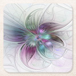 カラフル抽象芸術フラワーモダンフローラフラクタル スクエアペーパーコースター