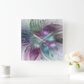 カラフル抽象芸術フラワーモダンフローラフラクタル スクエア壁時計 (ホーム)