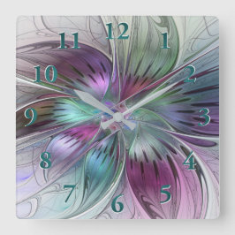 カラフル抽象芸術フラワーモダンフローラフラクタル スクエア壁時計