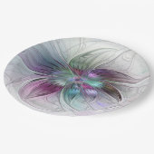カラフル抽象芸術フラワーモダンフローラフラクタル ペーパープレート (アングル)