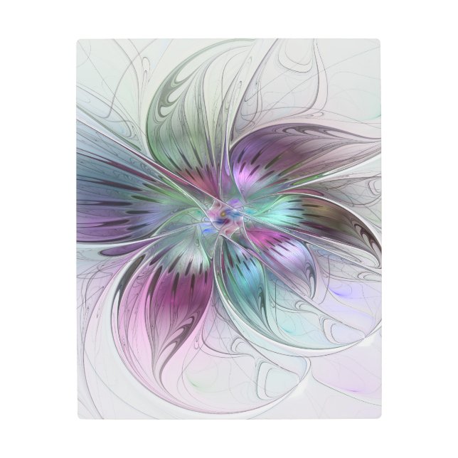 カラフル抽象芸術フラワーモダンフローラフラクタル メタルプリント (正面)