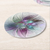 カラフル抽象芸術フラワーモダンフローラフラクタル ラウンドペーパーコースター (アングル)