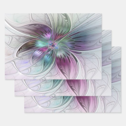 カラフル抽象芸術フラワーモダンフローラフラクタル ラッピングペーパーシート (セット)