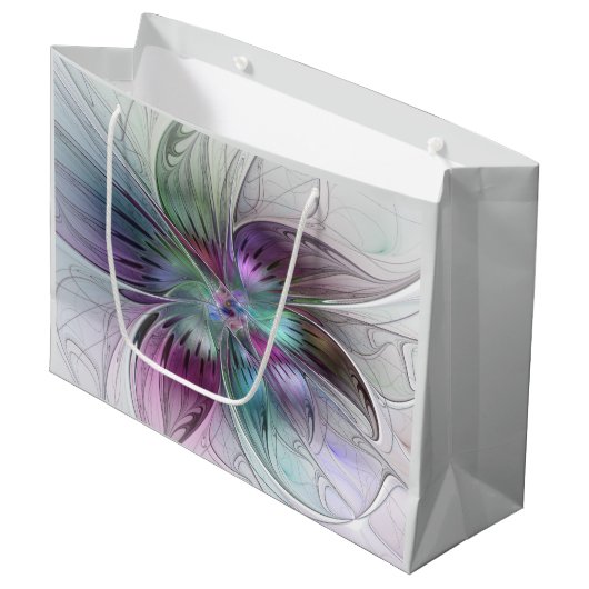 カラフル抽象芸術フラワーモダンフローラフラクタル ラージペーパーバッグ (正面アングル)