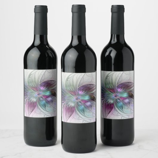 カラフル抽象芸術フラワーモダンフローラフラクタル ワインラベル (ボトル)