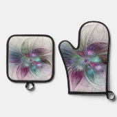 カラフル抽象芸術フラワーモダンフローラフラクタル 鍋つかみ&鍋敷きセット (正面)