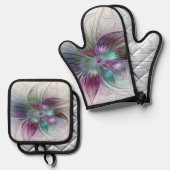 カラフル抽象芸術フラワーモダンフローラフラクタル 鍋つかみ&鍋敷きセット (正面/裏面)