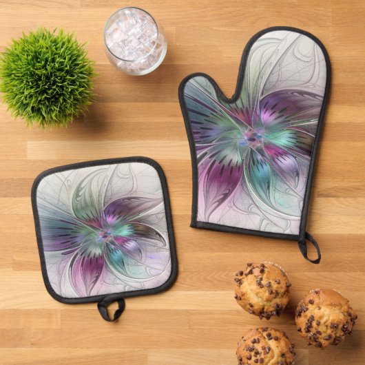 カラフル抽象芸術フラワーモダンフローラフラクタル 鍋つかみ&鍋敷きセット (トップダウン)