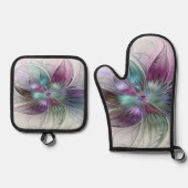 カラフル抽象芸術フラワーモダンフローラフラクタル 鍋つかみ&鍋敷きセット (正面)