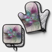 カラフル抽象芸術フラワーモダンフローラフラクタル 鍋つかみ&鍋敷きセット (正面/裏面)