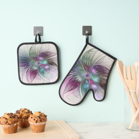 カラフル抽象芸術フラワーモダンフローラフラクタル 鍋つかみ&鍋敷きセット (インサイチュ (吊り下げ))