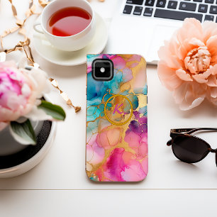 カラフル抽象芸術ブルーとピンクのインクこぼれ iPhone 15 MINIケース