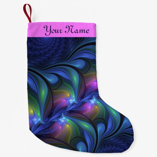 カラフル抽象芸術ブルーピンクグリーンフラクタルの自己名 スモールクリスマスストッキング (正面)