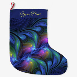 カラフル抽象芸術ブルーピンクグリーンフラクタルの自己名 ラージクリスマスストッキング