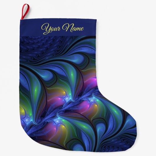 カラフル抽象芸術ブルーピンクグリーンフラクタルの自己名 ラージクリスマスストッキング (正面)