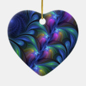カラフル抽象芸術ブルーピンクグリーンフラクタルハート セラミックオーナメント (裏面)