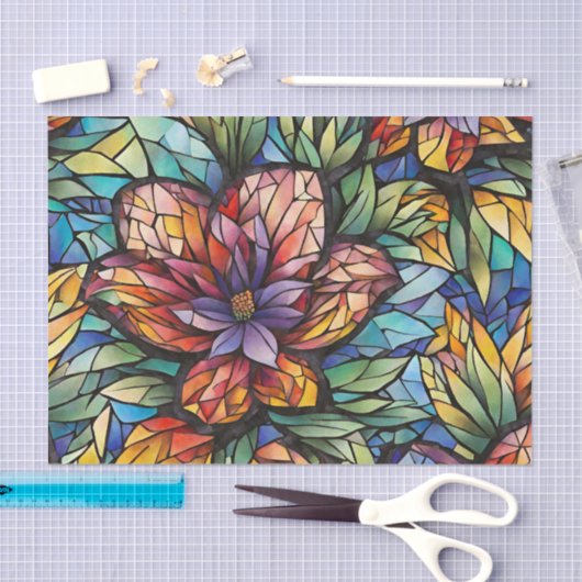 カラフル抽象芸術モザイクの花と葉 薄葉紙 (クラフト)