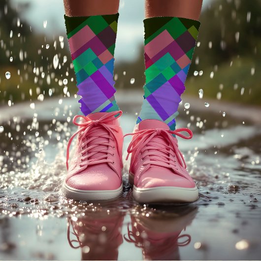 カラフル抽象芸術モダングリーンパープルジオメトリ ソックス