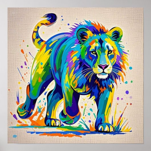カラフル抽象芸術ライオン動物芸術デザイン ポスター (正面)
