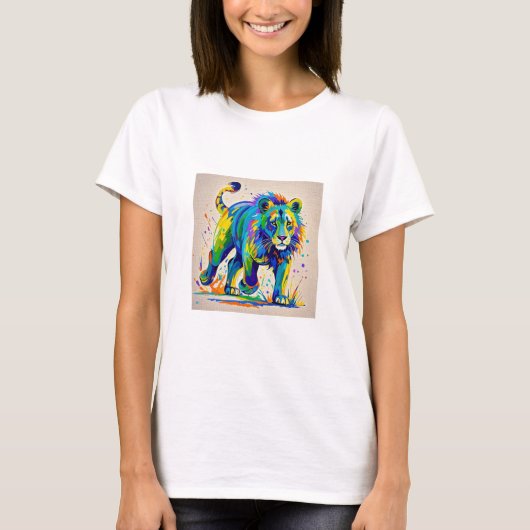 カラフル抽象芸術ライオン動物芸術デザイン Tシャツ (正面)