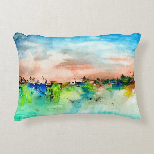 カラフル抽象芸術ランドスケープ水彩プリント アクセントクッション (正面)