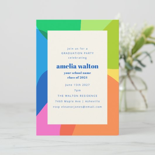 カラフル抽象芸術レインボー写真卒業パーティー 招待状 (スタンド正面)