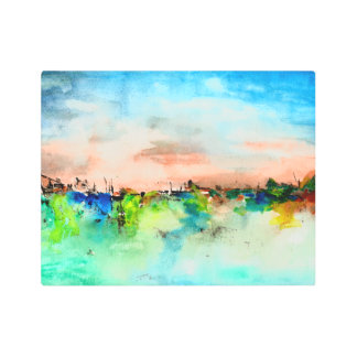 カラフル抽象芸術横向き水彩 メタルプリント