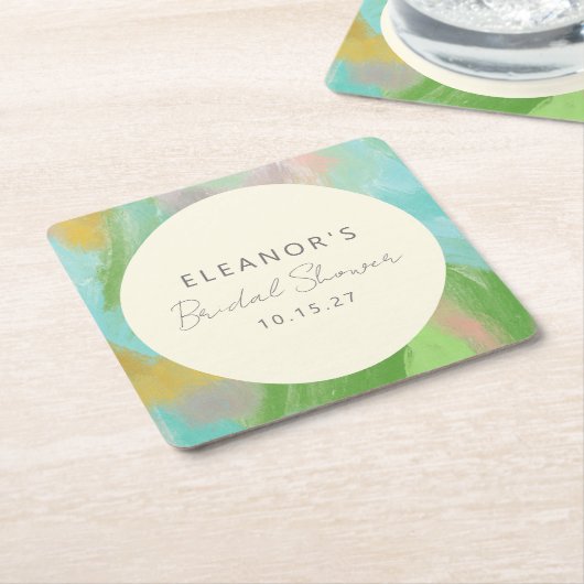 カラフル抽象芸術水彩ブライダルシャワーカスタム スクエアペーパーコースター (アングル)