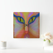 カラフル抽象芸術猫顔ペイント丸時計 スクエア壁時計 (ホーム)