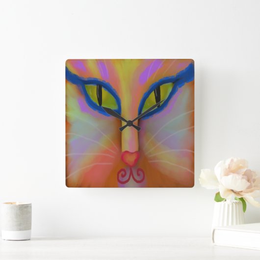 カラフル抽象芸術猫顔ペイント丸時計 スクエア壁時計 (ホーム)