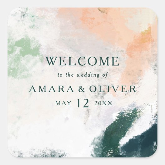 カラフル抽象芸術結婚ウェルカムスクエアステッカー スクエアシール (正面)