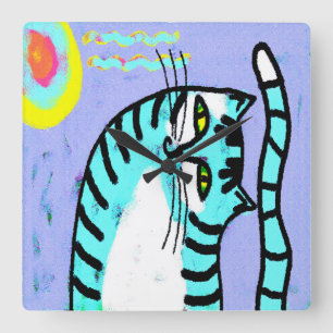 カラフル抽象芸術絵画猫 スクエア壁時計