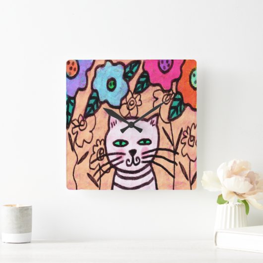 カラフル抽象芸術絵画猫 スクエア壁時計 (ホーム)